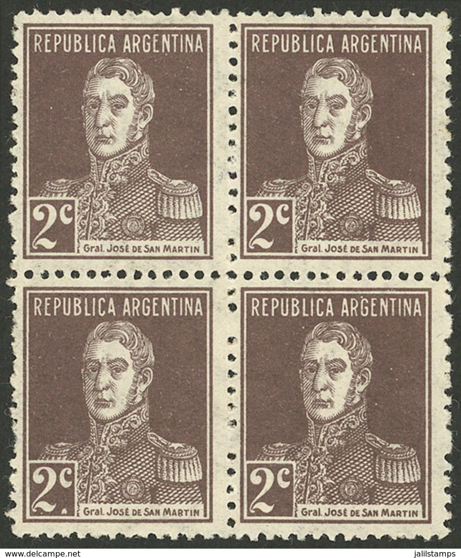ARGENTINA: GJ.596d, 1924 2c. San Martín, Block Of 4 Including Pair WITH And WITHOUT PERIOD, VF! - Nuevos