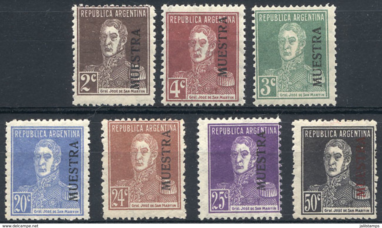 ARGENTINA: GJ.596/598 + 602/604 + 606, 1924 San Martín W/o Period, Smooth Paper, 7 Values Of The Set With MUESTRA Overpr - Unused Stamps