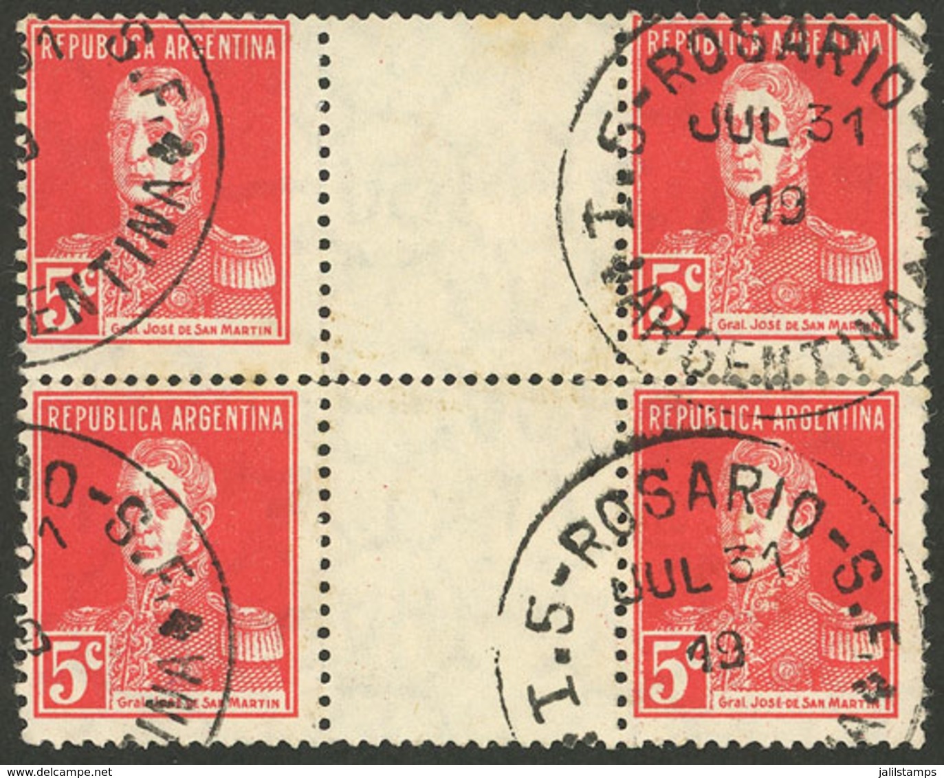 ARGENTINA: GJ.599EV, 1924 5c. San Martín W/o Period, Block Of 4 WITH VERTICAL GUTTERS, Used, Very Rare! - Unused Stamps