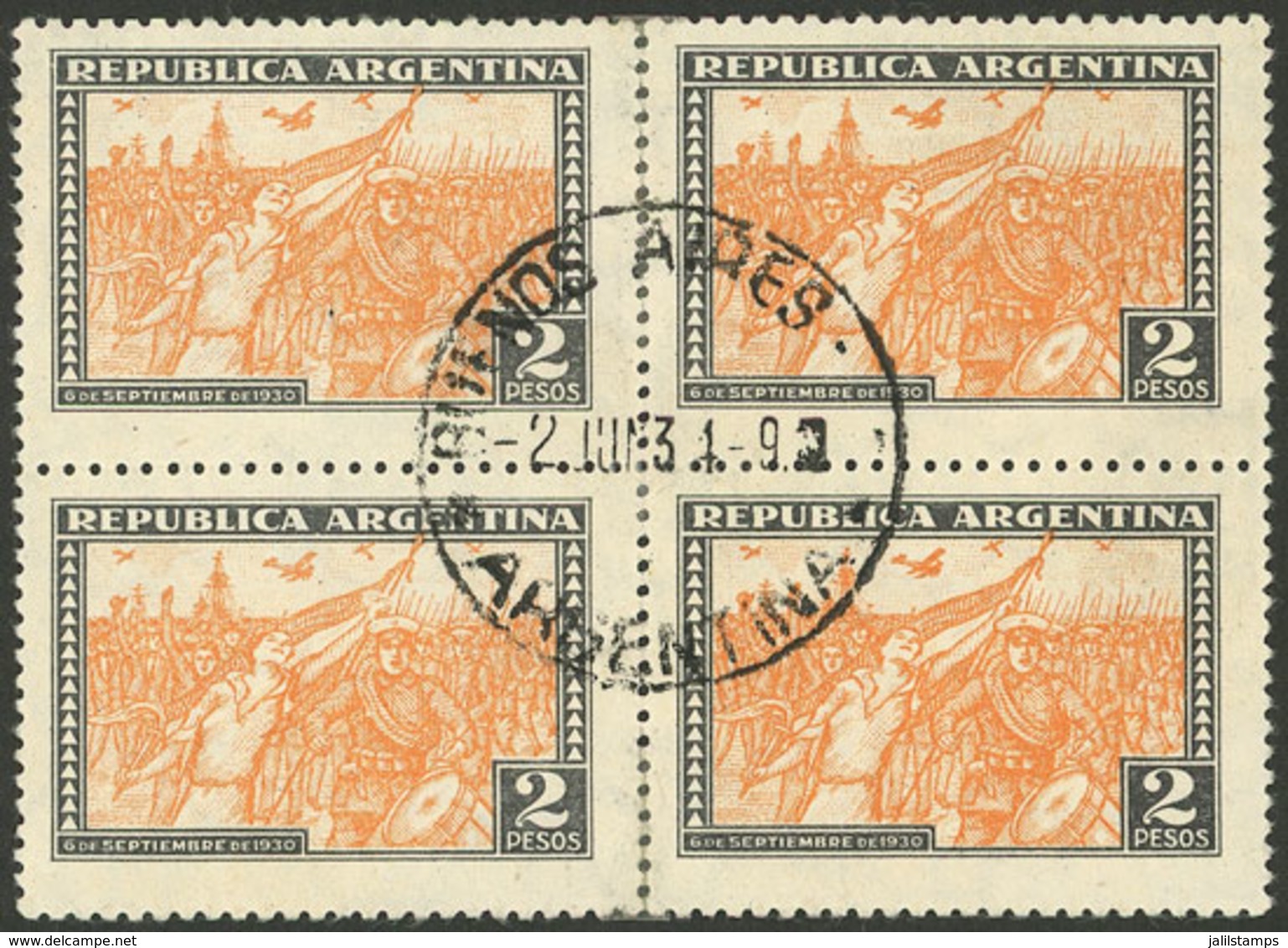 ARGENTINA: GJ.690, 1930 2P. Revolution, Beautiful Block Of 4 Used In Buenos Aires, Rare, VF Quality! - Unused Stamps