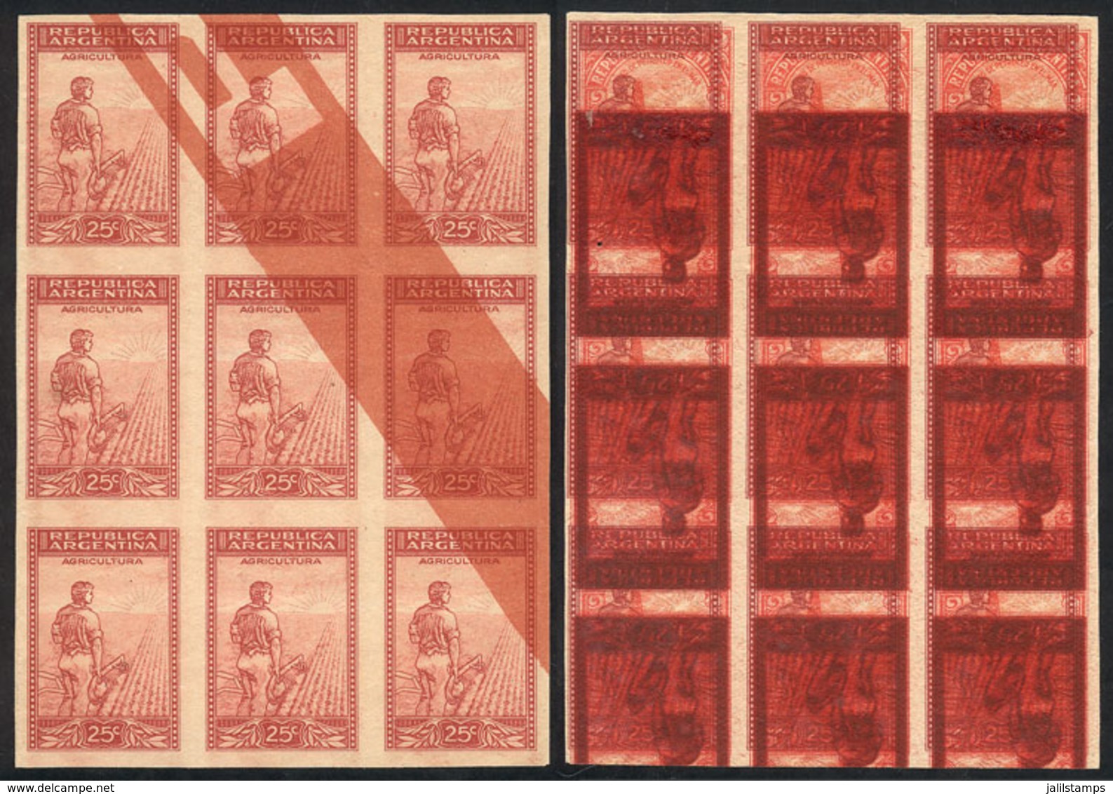 ARGENTINA: GJ.756, 1935 25c. Plowman, COLOR PROOF, Block Of 9 Printed On Paper For Specimens, With Multiple Additional I - Nuovi