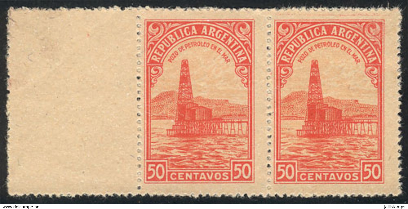 ARGENTINA: GJ.759, 1935 50c. Petroleum, COLOR PROOF, Extremely Rare Pair WITH LABEL At Left, One Of The 2 Or 3 Known Cop - Ongebruikt