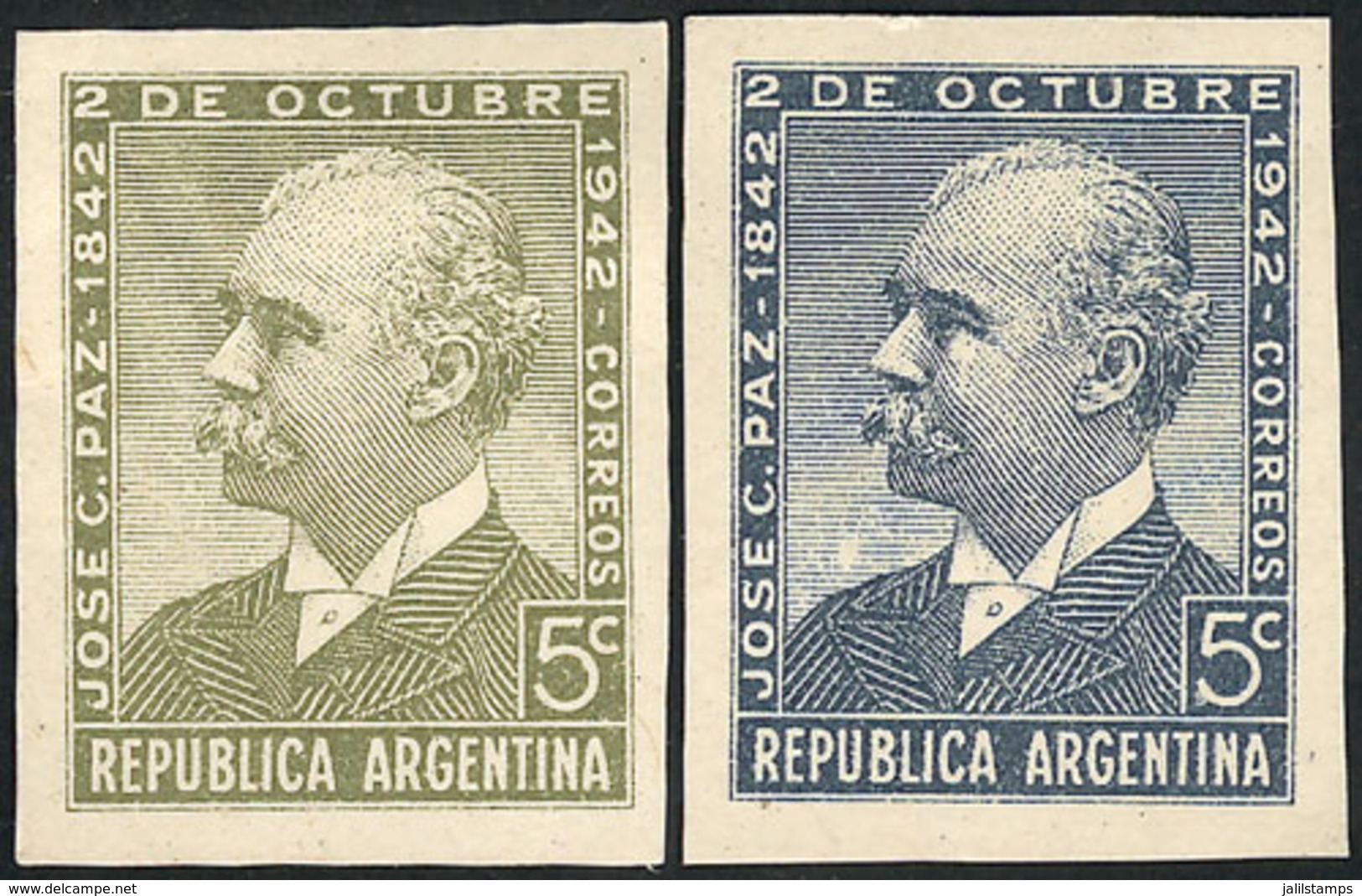 ARGENTINA: GJ.869, 1942 José C. Paz, PROOFS In Olive Green And Dull Blue, Printed On Paper With Glazed Back, VF Quality! - Nuevos
