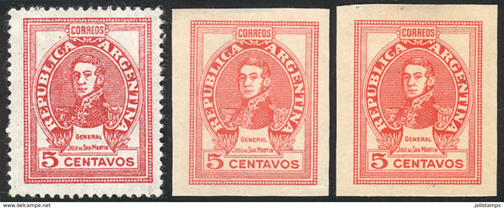 ARGENTINA: GJ.871, 1942/52 5c. San Martín, 3 Different TRIAL COLOR PROOFS, One Perforated And Printed On Thin Opaque Pap - Ongebruikt