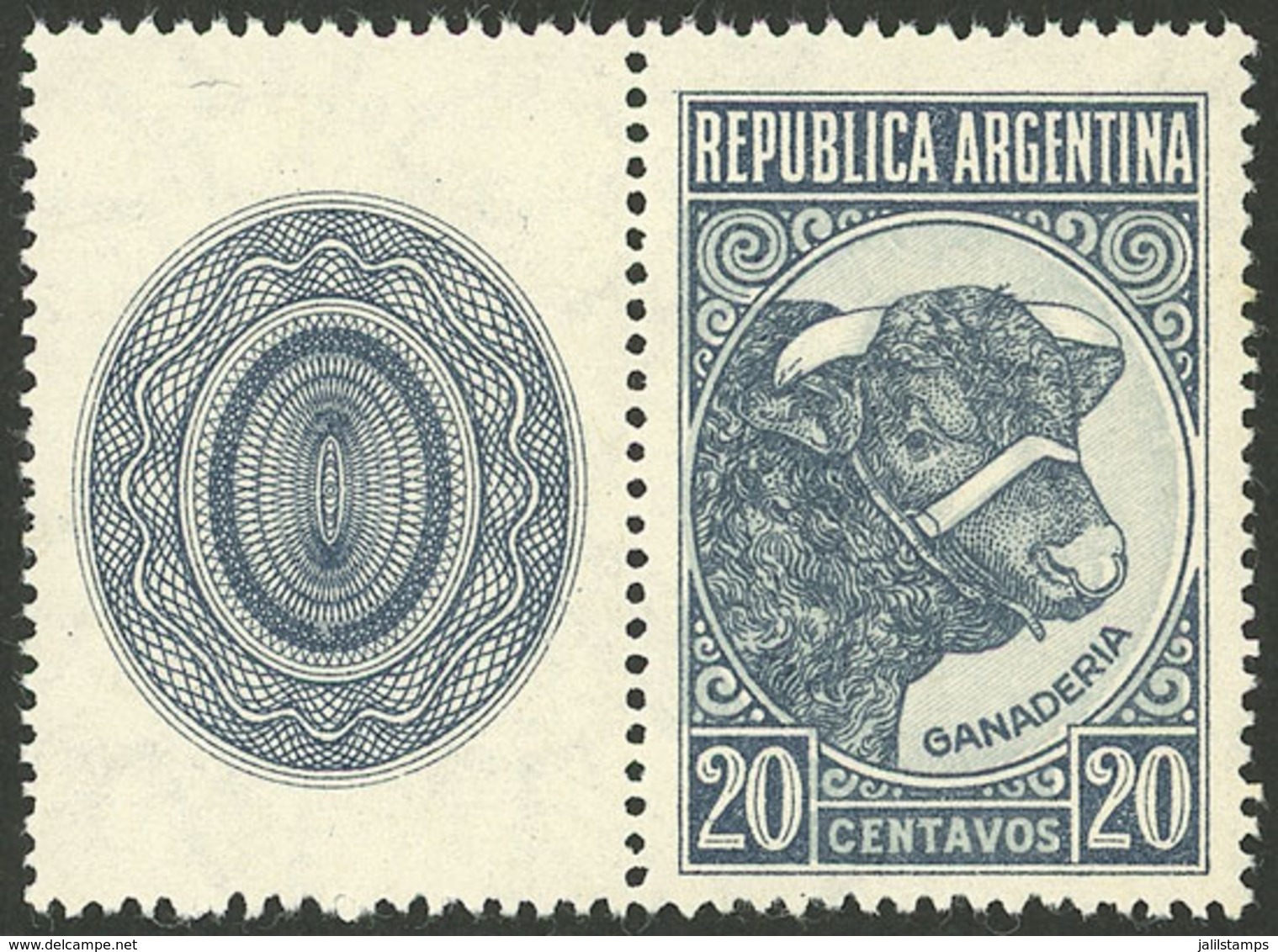 ARGENTINA: GJ.884CZ, 1942 20c. Bull With MEDALLION, Sun With Straight Rays Wmk, Excellent! - Ongebruikt