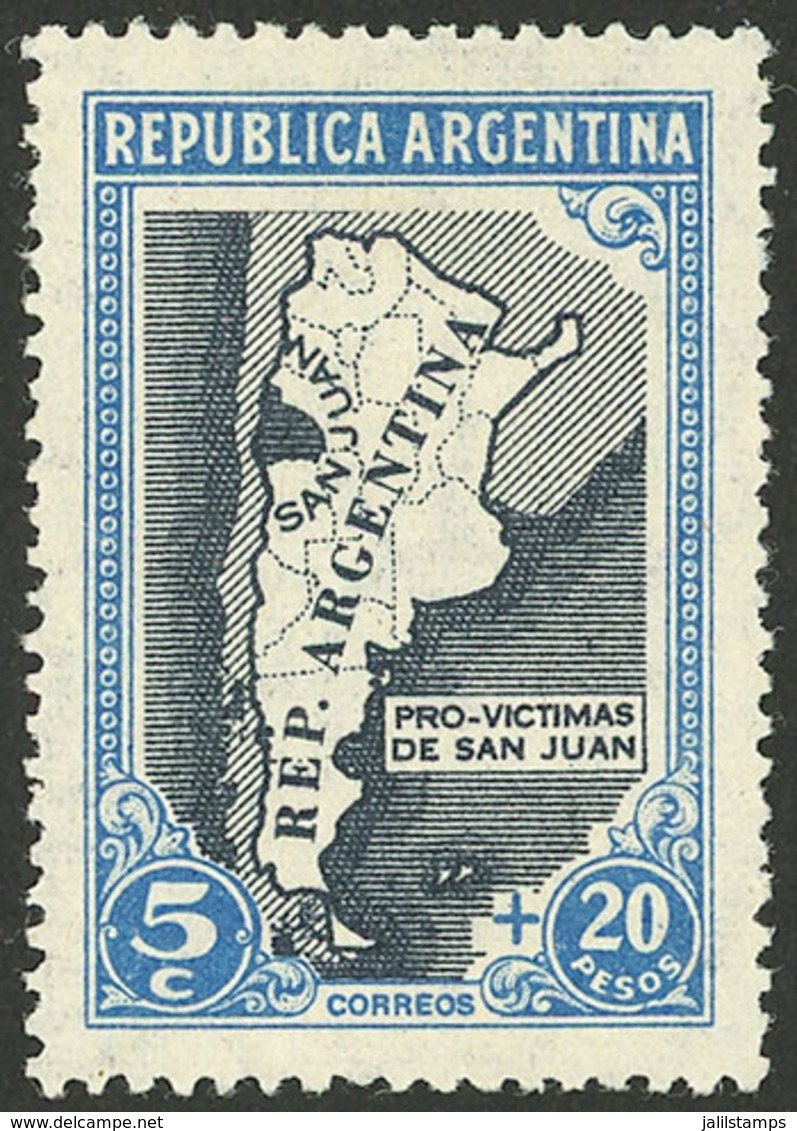 ARGENTINA: GJ.915A, 1944 5c. + 20P. San Juan With LIGHT BLUE FRAME, Mint With Tiny Hinge Mark, Excellent! - Ongebruikt