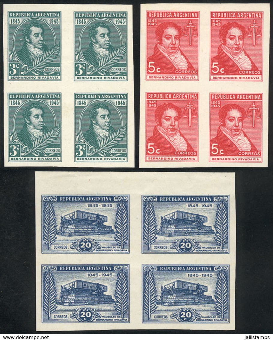 ARGENTINA: GJ.923/925, 1945 Centenary Of Rivadavia, Complete Set Of 3 Values, PROOFS In The Adopted Colors, Imperforate  - Unused Stamps