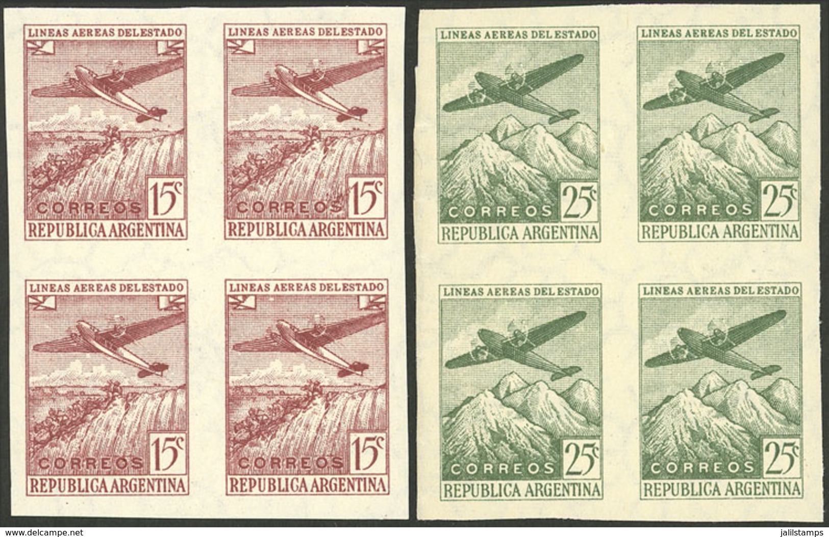 ARGENTINA: GJ.931P + 932P, 1946 LADE Airplane Flying Over The Iguazú Falls And Andes Mountains, IMPERFORATE BLOCKS OF 4, - Unused Stamps