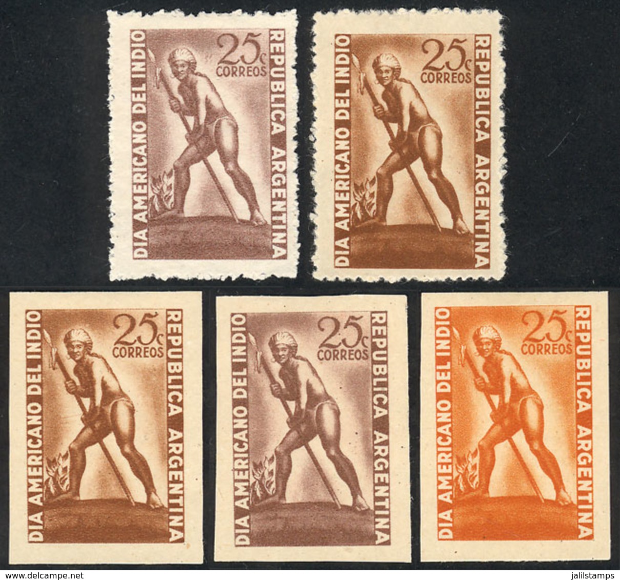 ARGENTINA: GJ.956, 1948 Indian Day, TRIAL COLOR PROOFS Printed On Opaque Paper, Imperforate (3 Different Colors) And Per - Unused Stamps