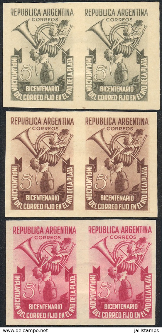 ARGENTINA: GJ.959, 1948 Postal Services In The River Plate 200 Years, PROOFS In 3 Different Colors, Imperforate Pairs On - Ongebruikt