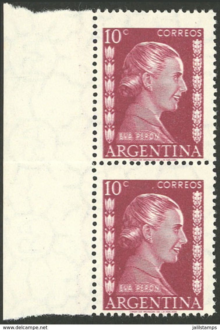 ARGENTINA: GJ.1005a, 1952 10c. Eva Perón, Spectacular Pair With Notable COMPLETE DOUBLE IMPRESSION, Superb! - Unused Stamps