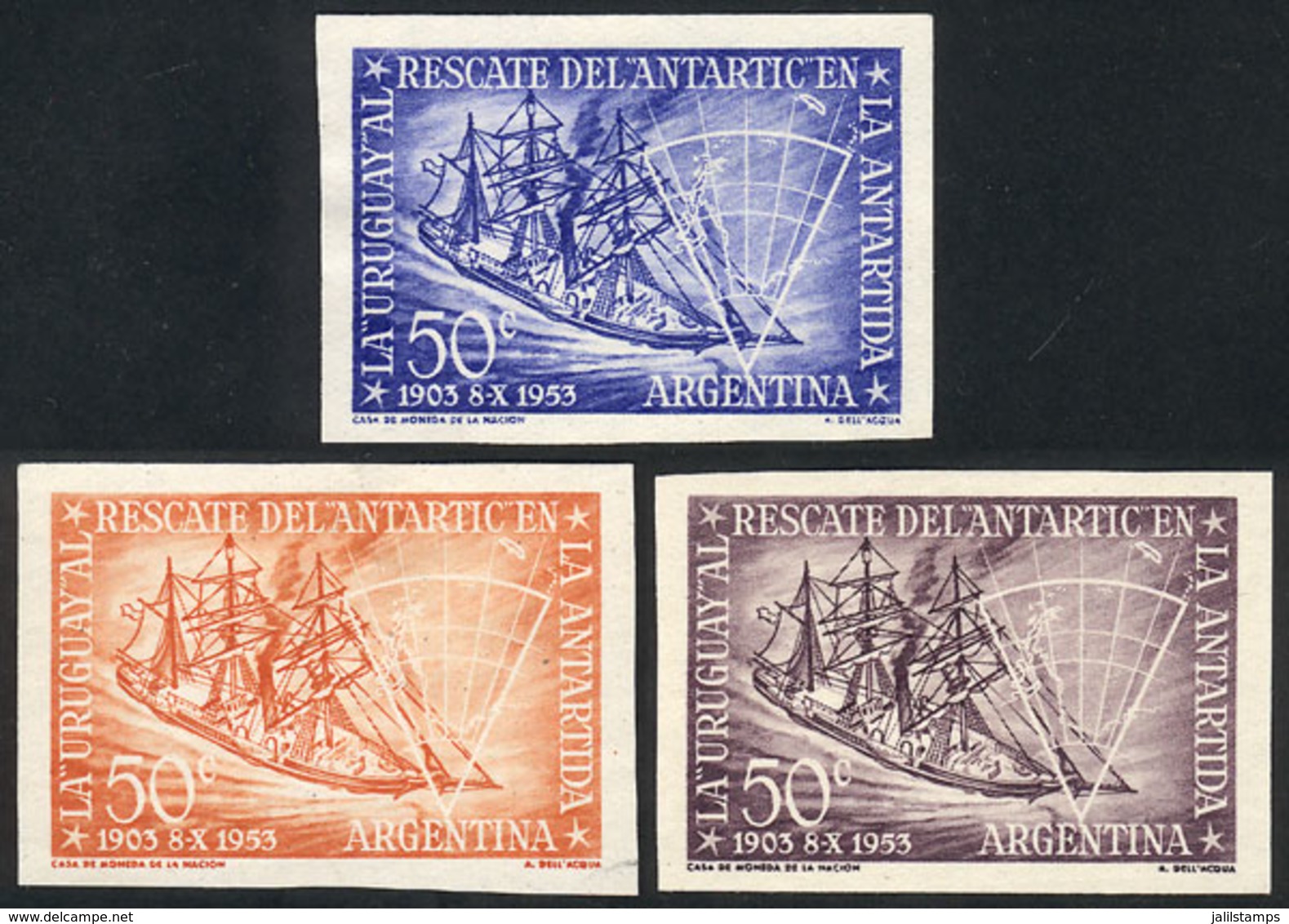 ARGENTINA: GJ.1024, 1953 Anniversary Of The Rescue Operation Of Dr. Otto Nordenskjöld With Corvette Uruguay, 3 TRIAL COL - Unused Stamps