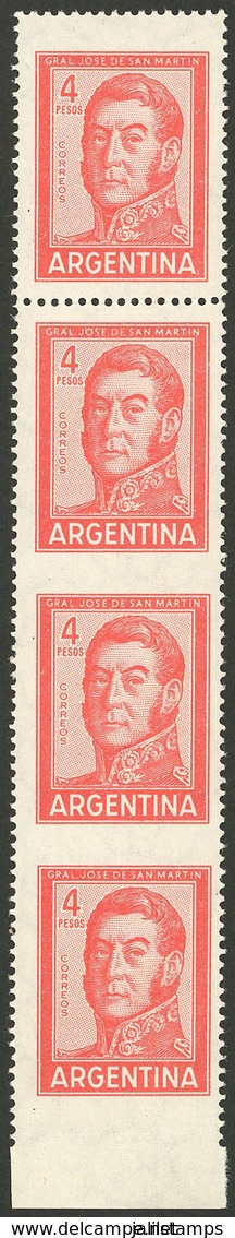 ARGENTINA: GJ.1138PH, 1959 4P. San Martín, Strip Of 4, 3 Stamps IMPERFORATE HORIZONTALLY, MNH, Superb, Rare! - Unused Stamps