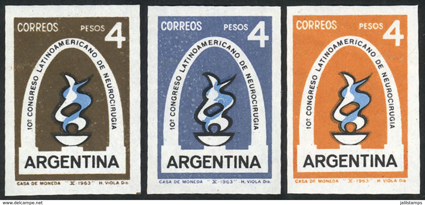 ARGENTINA: GJ.1265, 1963 Congress Of Neurosurgery, 3 Imperforate TRIAL COLOR PROOFS, Printed On Paper With Gum And Water - Unused Stamps