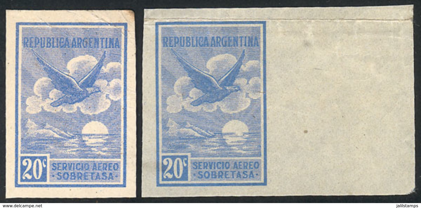 ARGENTINA: GJ.640, 1928 20c. Ultramarine, PROOF Printed On Medium Paper In The Original Color + Another Proof In A Sligh - Airmail