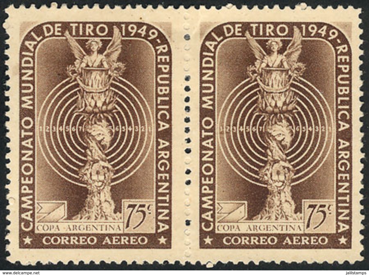 ARGENTINA: GJ.974, 1949 World Shooting Championship, PROOF In The Adopted Color On Opaque Paper, PERFORATED Pair (very R - Luchtpost