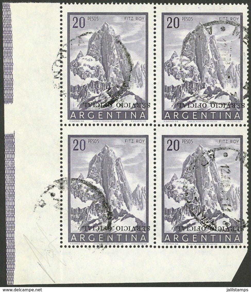 ARGENTINA: GJ.725a, 20P. Fitz Roy Mount With INVERTED Ovpt., Very Rare Used Block Of 4 With Sheet Corner, Superb, Probab - Service