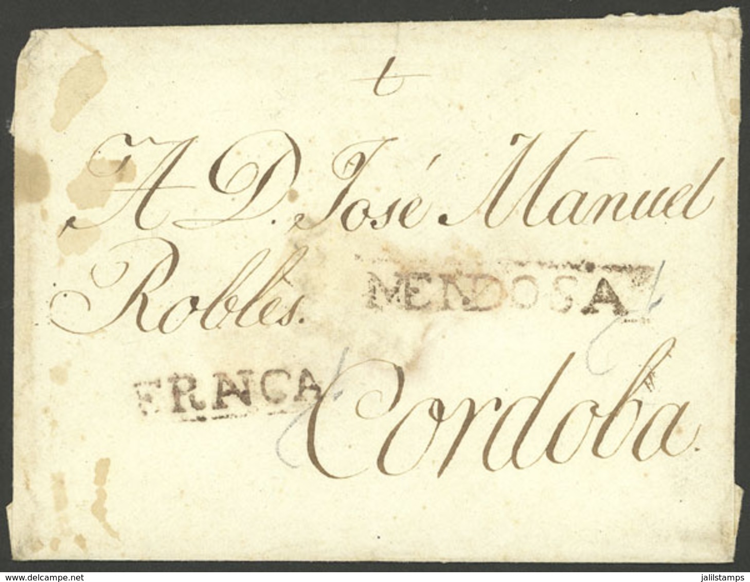 ARGENTINA: Circa 1826, Cover Sent To Córdoba, With Marks "MENDOSA" And "FRANCA" (GJ.MEN 2 And MEN 3A) Both In Rust Red A - Voorfilatelie