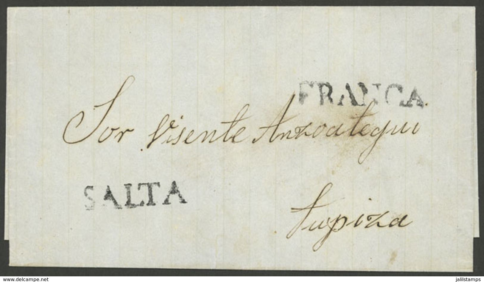 ARGENTINA: Folded Cover To Tupiza (circa 1850) With The Marks "SALTA" And "FRANCA" In Black (GJ.SAL 3A And SAL 4) Perfec - Prephilately
