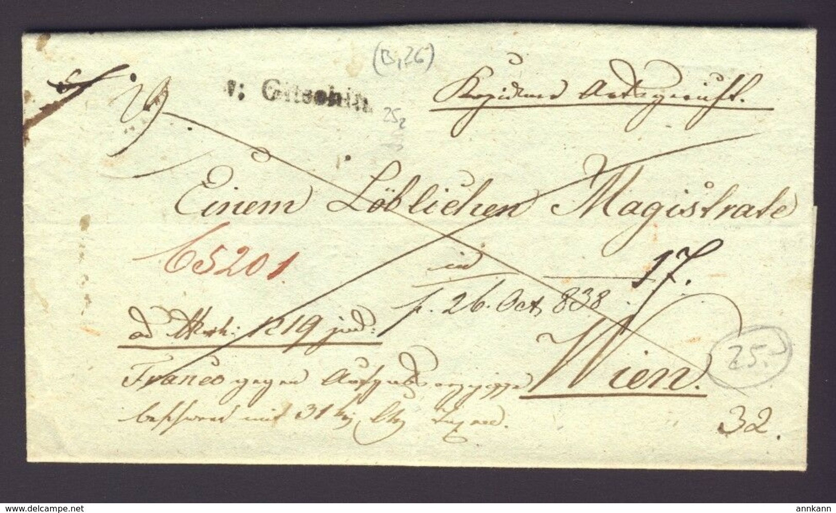 Stampless Folded Letter 1838 Stamped Front Town ? BS WIEN 22 Oct. - ...-1850 Voorfilatelie