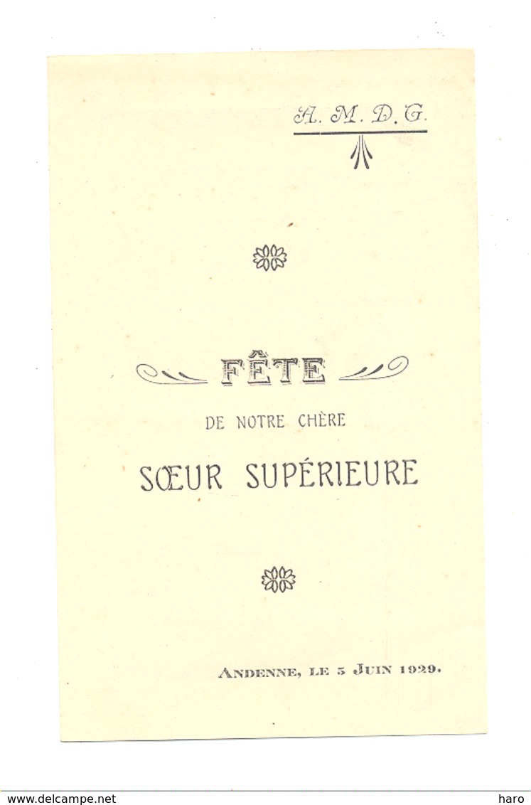 ANDENNE 1929 - Programme De La Fête De La Soeur Supérieure - Pensionnat N-D - 2 Volets (b257) - Programmes