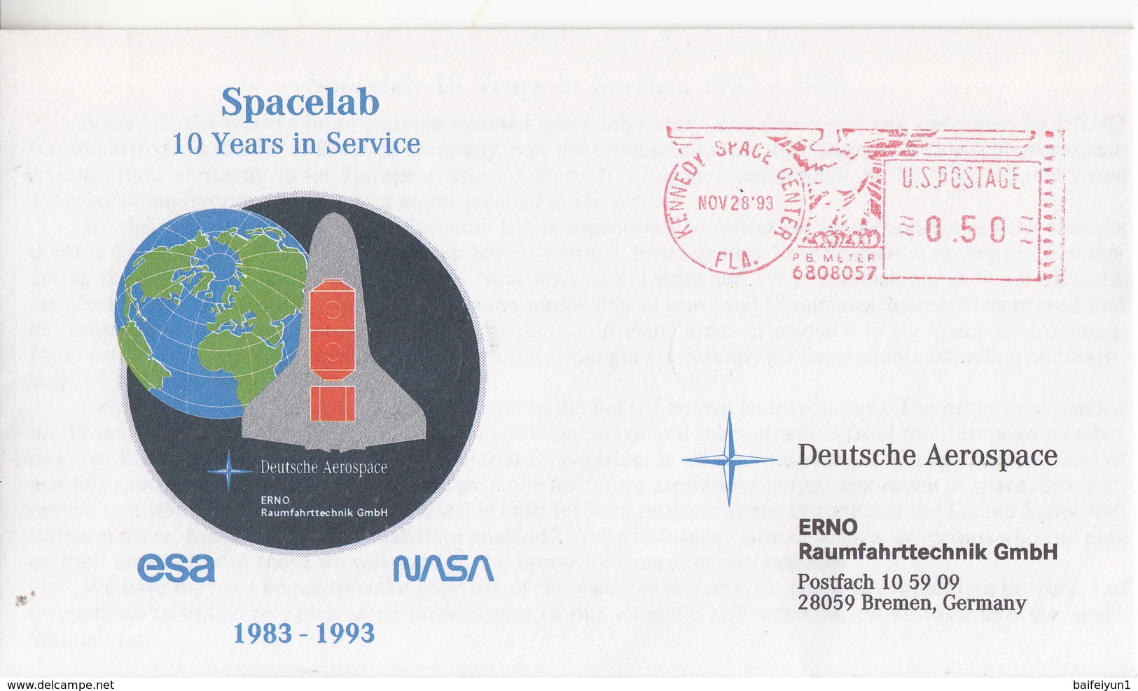 1993 USA NASA And ESA   Spacelab 10 Years In Service Commemorative Cover - North  America