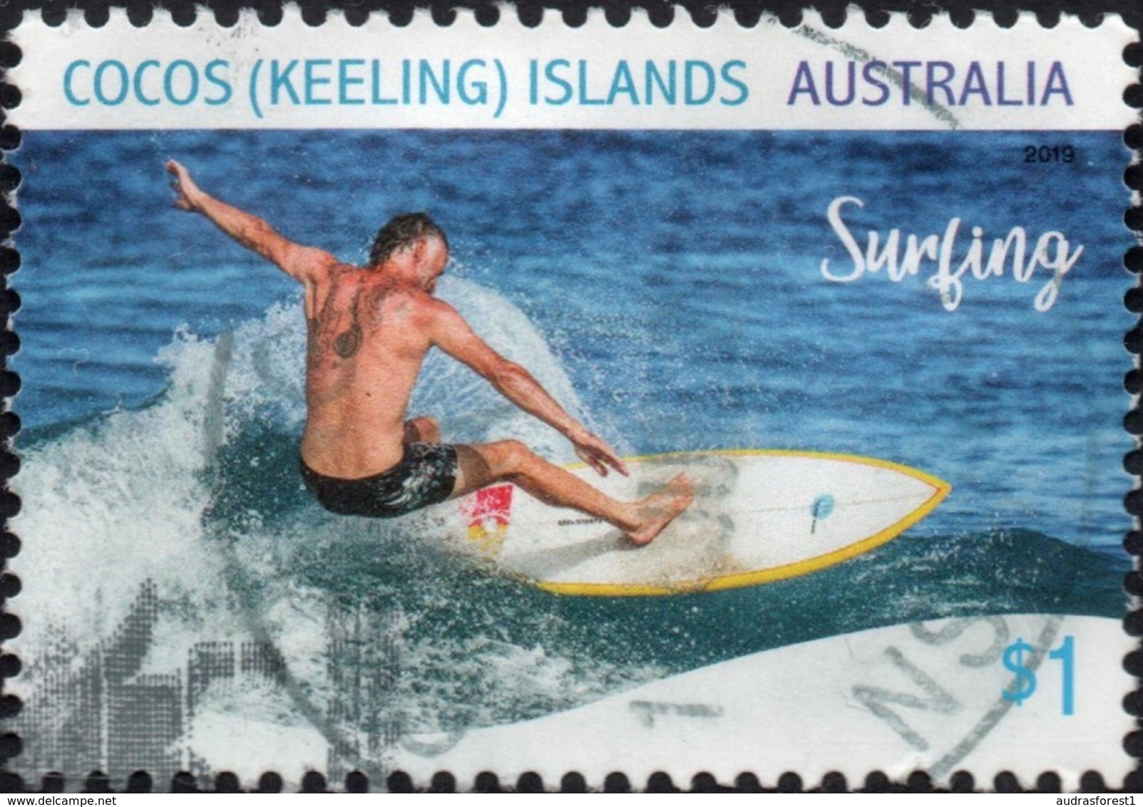 2019 COCOS KEELING ISLANDS $1 SURFING Very Fine POSTALLY USED Stamp - Cocos (Keeling) Islands