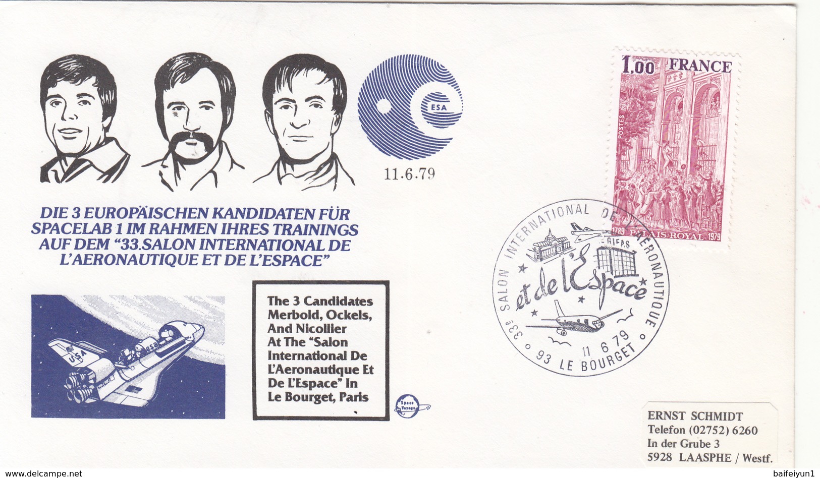 1979 France Space Shuttle The 3 Candidates Merbold,Ockels And Nicollier  Commemorative Cover - North  America