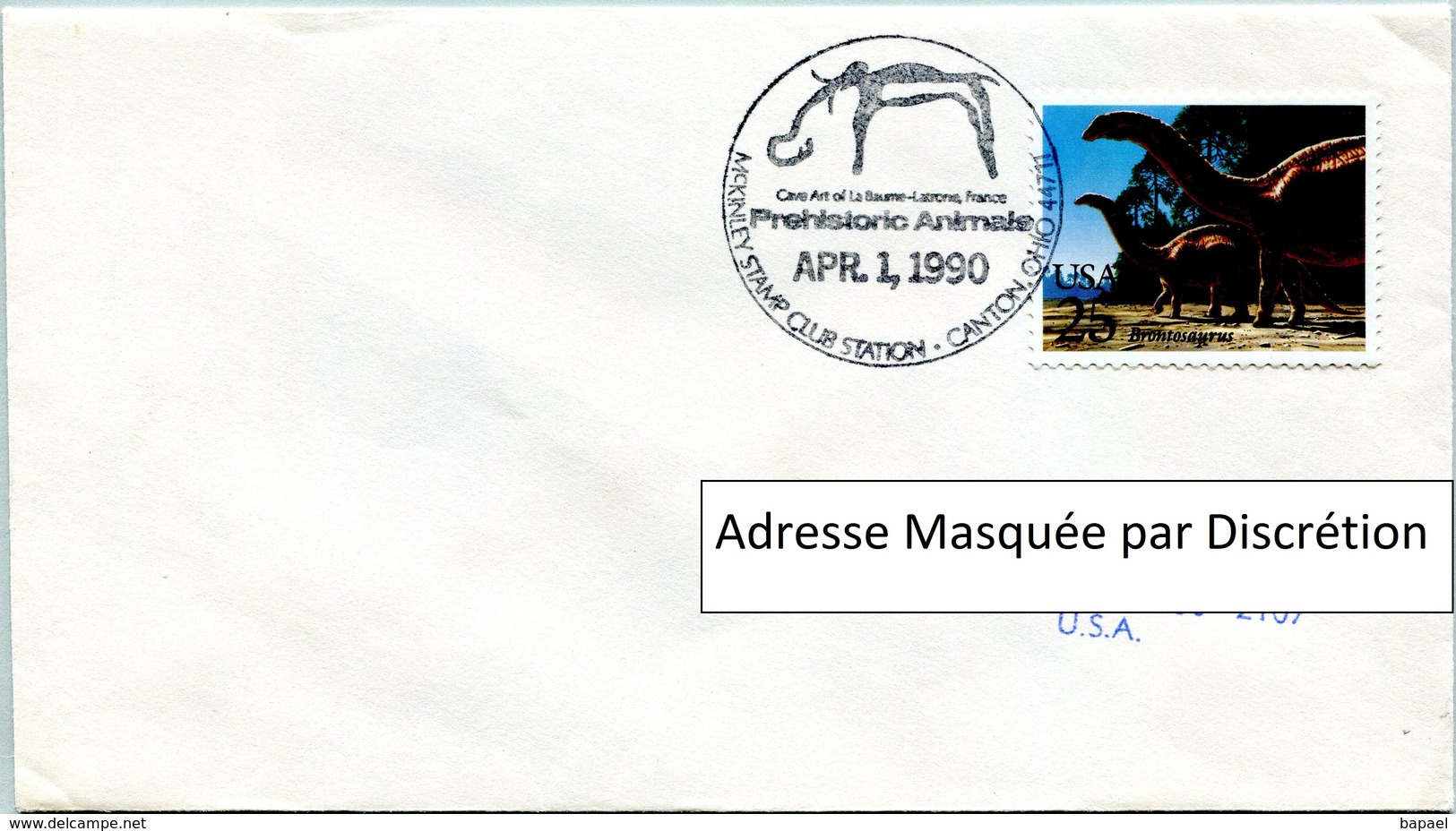 Enveloppe Évènement Des États-Unis (01-04-90) - McKinley Stamp Club - Animaux Préhistoriques (Brontosaure) - FDC