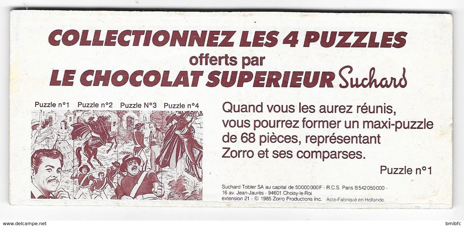 Puzzle N° 1- Offert Par Le Chocolat Supérieur Suchard - Série Zorro - Puzzles