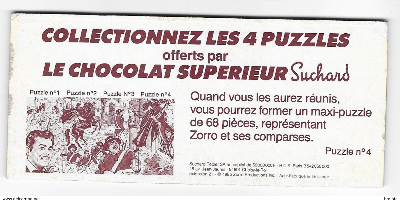 Puzzle N° 4 - Offert Par Le Chocolat Supérieur Suchard - Série Zorro - Puzzels