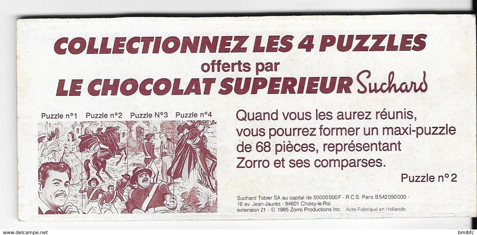 Puzzle N° 2- Offert Par Le Chocolat Supérieur Suchard - Série Zorro - Puzzels