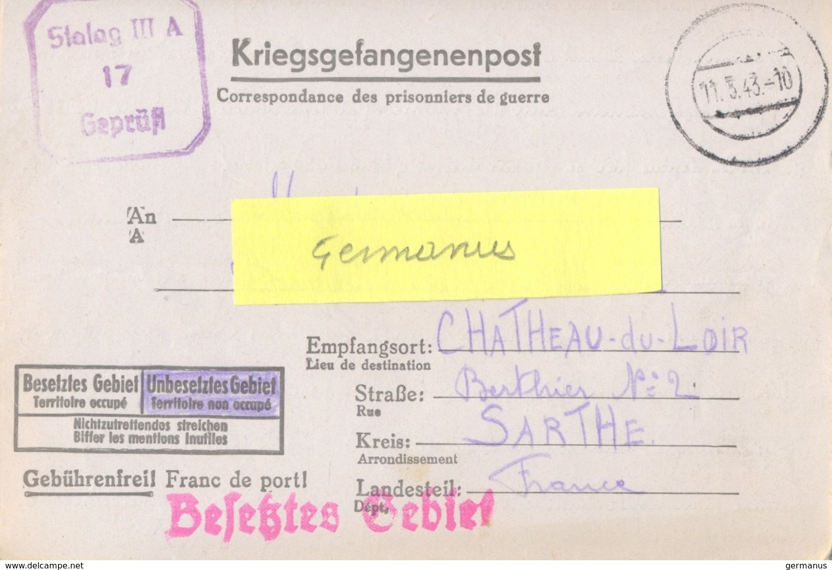 GUERRE 39-45 CORRESPONDANCE PRISONNIER DE GUERRE Français Au STALAG III A / 17 Luckenwalde, Allemagne Rédigé Le 7 Mars 4 - 2. Weltkrieg 1939-1945