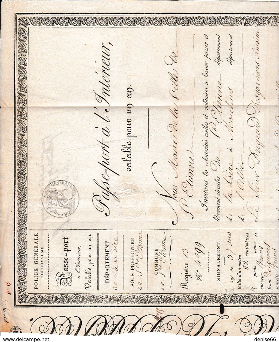 1831 - PASSEPORT DE L’INTÉRIEUR - SAINT-ETIENNE à MOULINS - Antoine DRIGEARD DESGARNIERS Quincailler - Documents Historiques