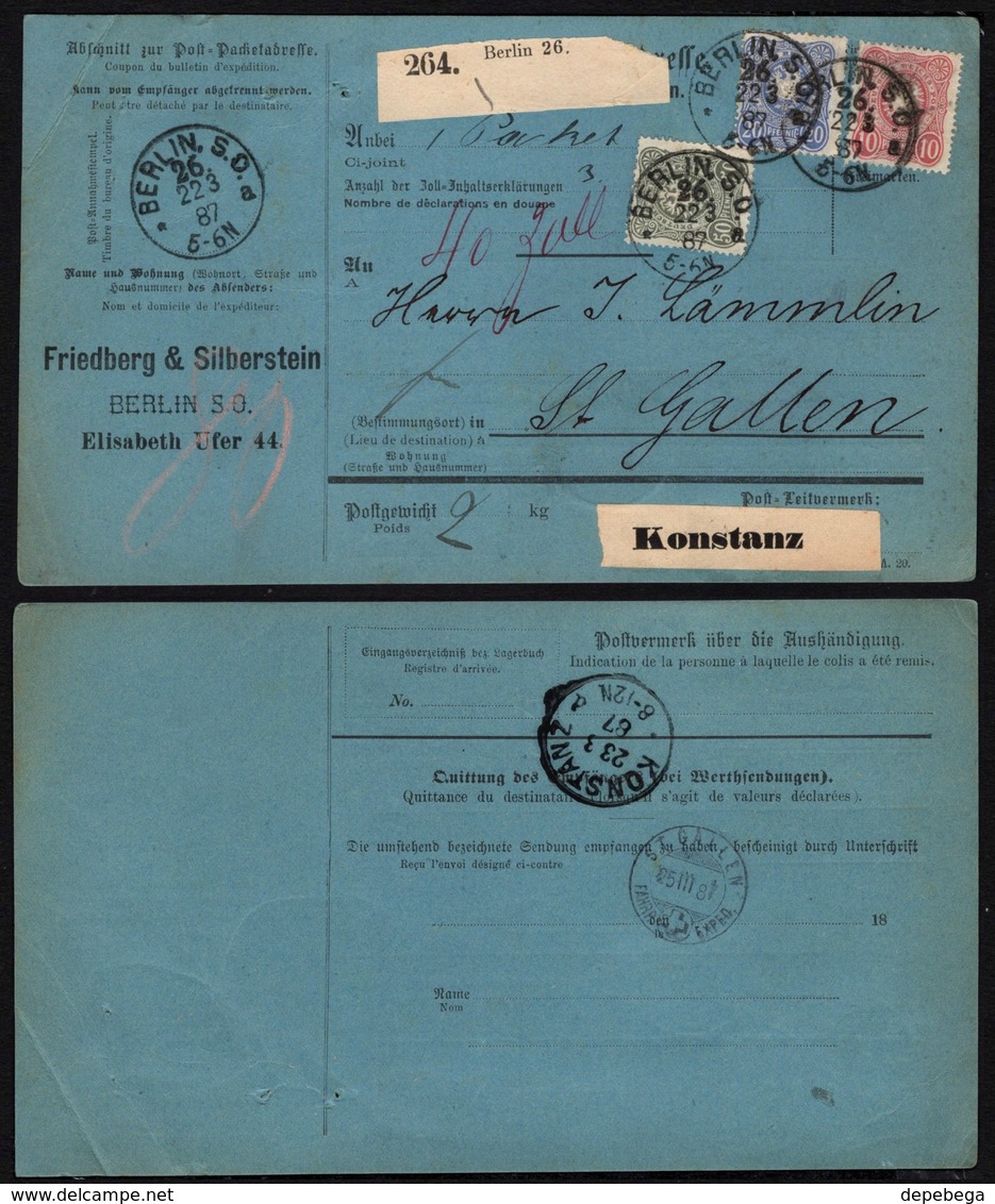 Germany - DR Paketkarte Friedberg & Silverschein, Berlin 1887 - St Gallen (Schweiz) über Konstanz. - Covers & Documents