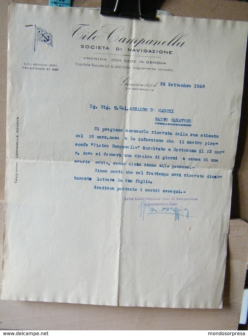 MONDOSORPRESA, (DC2) TITO CAMPANELLA SOCIETA DI NAVIGAZIONE - GENOVA LETTERA AL TENENTE ARNALDO DE MARCHI 1928 - Historische Dokumente