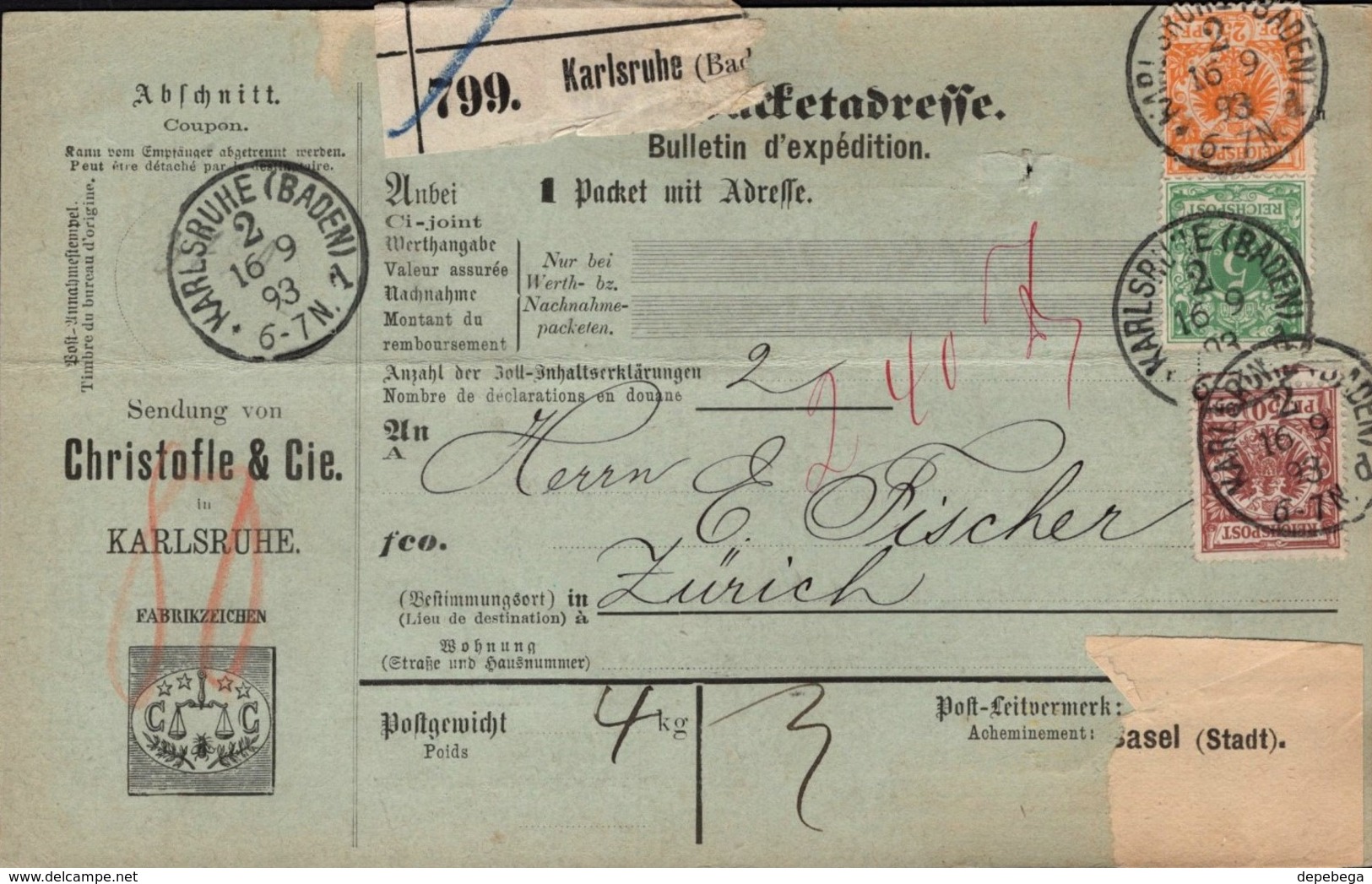 Germany - DR Paketkarte, Cristofle & Cie. Karlsruhe 16.9.1893 N. Zürich, R2 Basel Transit 17.9.1893. - Covers & Documents