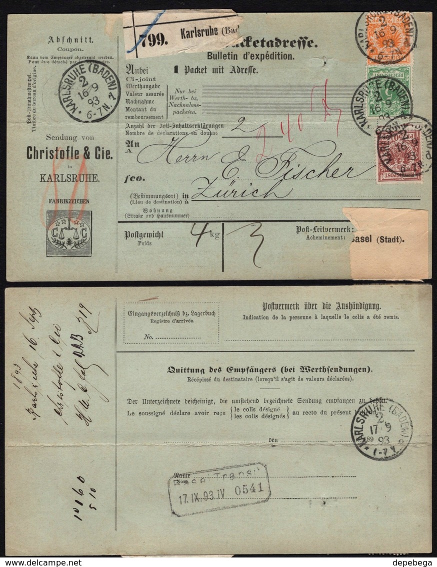 Germany - DR Paketkarte, Cristofle & Cie. Karlsruhe 16.9.1893 N. Zürich, R2 Basel Transit 17.9.1893. - Covers & Documents