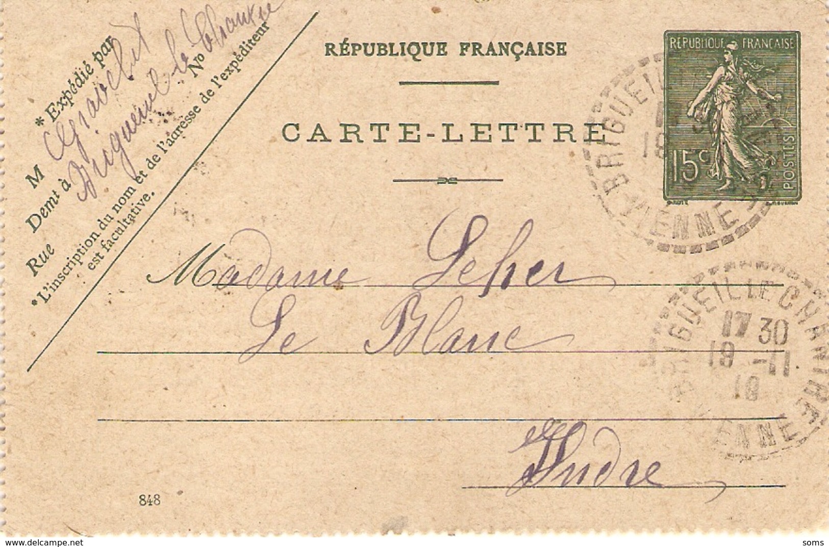 Carte-lettre Envoyée De Brigueil-Le-Chantre (Vienne) Au Blanc (Indre), 1919, Entier Postal, Bon état - 1877-1920: Semi-Moderne