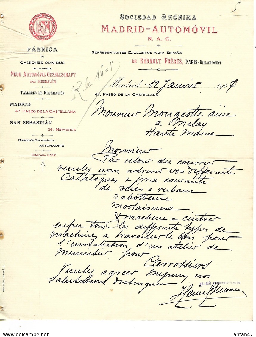 Facture Espagne MADRID 1907 / Automobiles RENAULT Paris-Billancourt / Fabrication Camions Ommibus - España