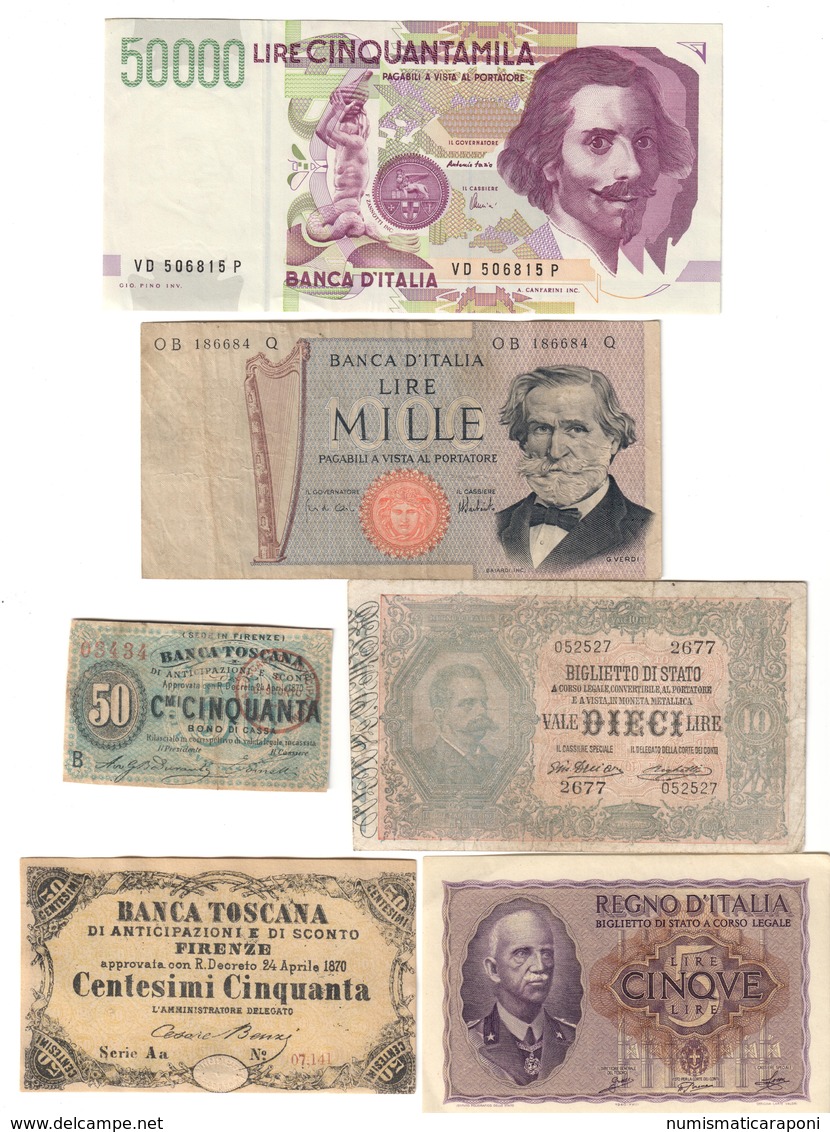 50000 Lire 1990 + 1000 1973 + 10 1915 + 5 1940 + 50 Cent 1870 X 2 Tipi Banca Toscana   LOTTO 2667 - Collections