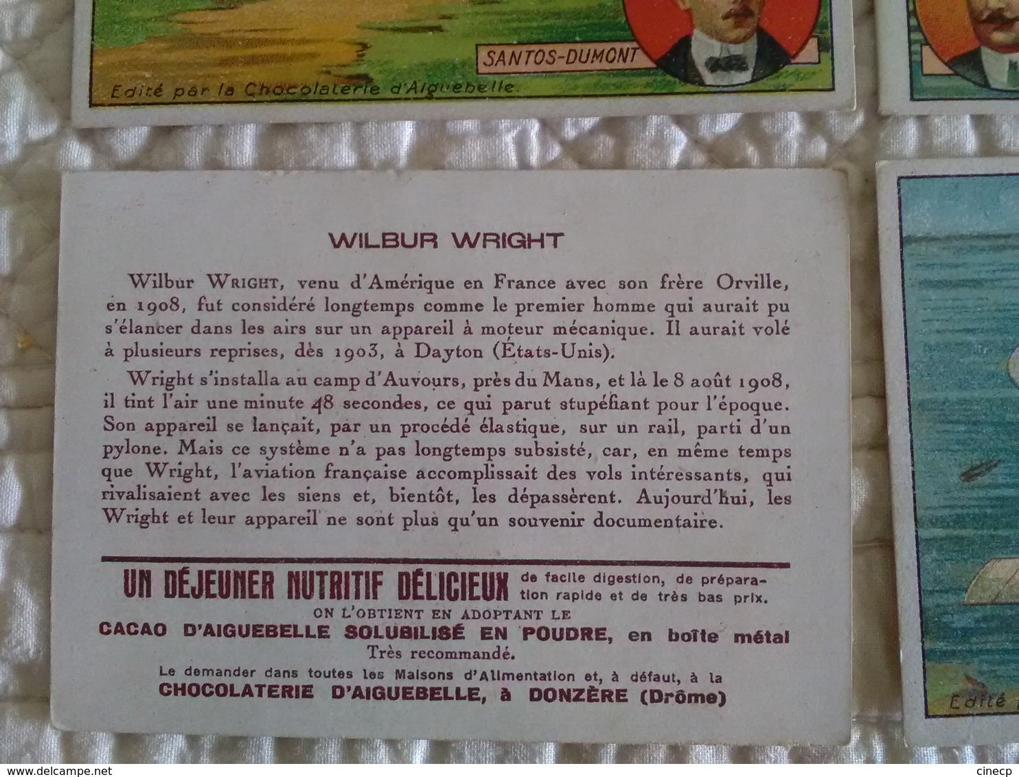 LOT DE 4 CHROMO PUBLICITE CHOCOLAT AIGUEBELLE ILLUSTRATION AVIATION AVION AEROPLANE VOISIN WRIGHT BLERIOT SANTOS DUMONT - Aiguebelle