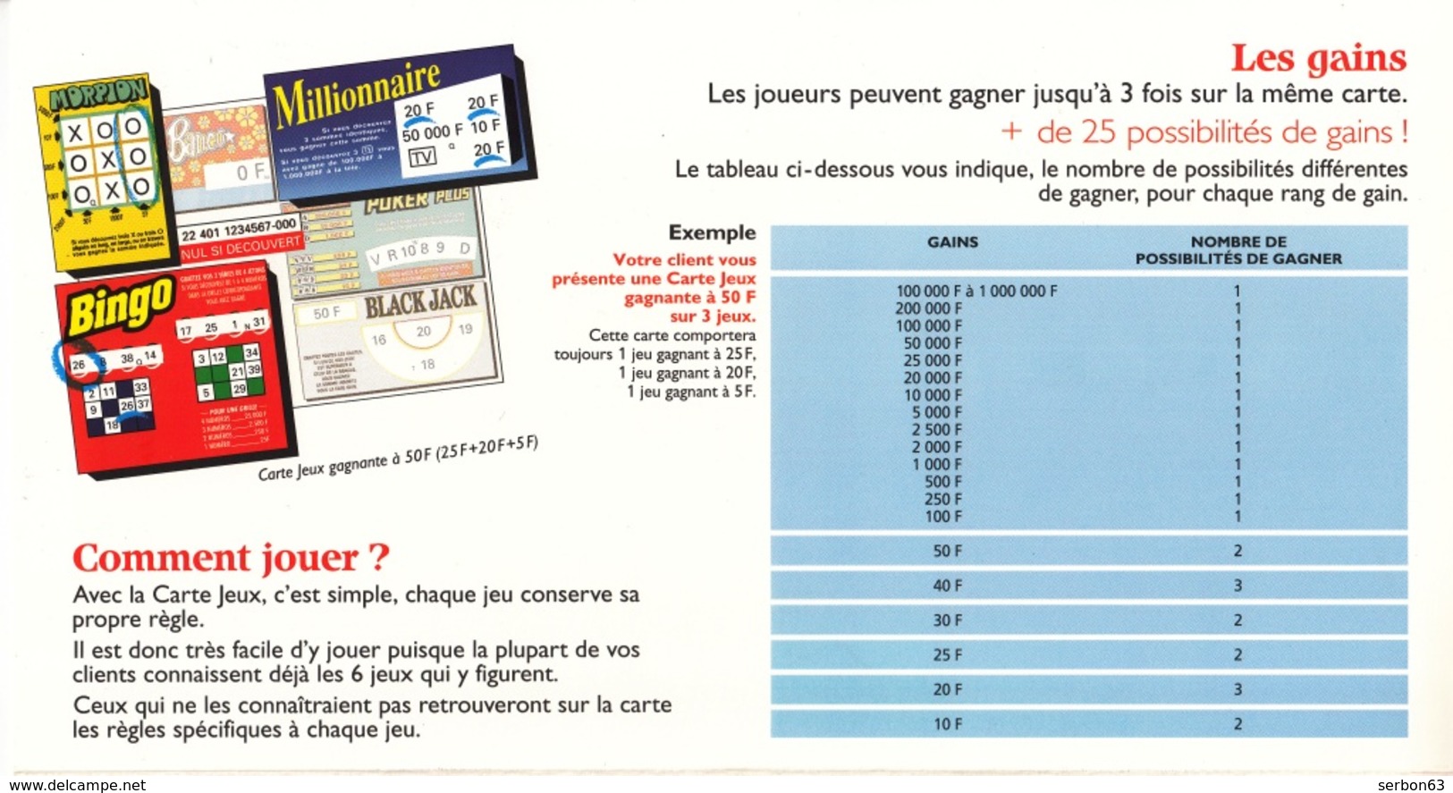 FDJ F.D.J. Fdj RÈGLE POUR LA CARTE DE 6 JEUX DE GRATTAGE DOCUMENT PUB DE 6 PAGES... BINGO BANCO MORPION - SITE Serbon63 - Other & Unclassified