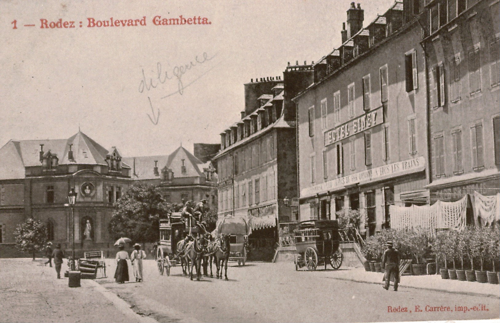 Cpa 12 RODEZ Boulevard Gambetta , Animée, Hôtel BINEY Omnibus Hippomobile De L'Hôtel Vers Les Trains, Dos Simple, Vierge - Rodez