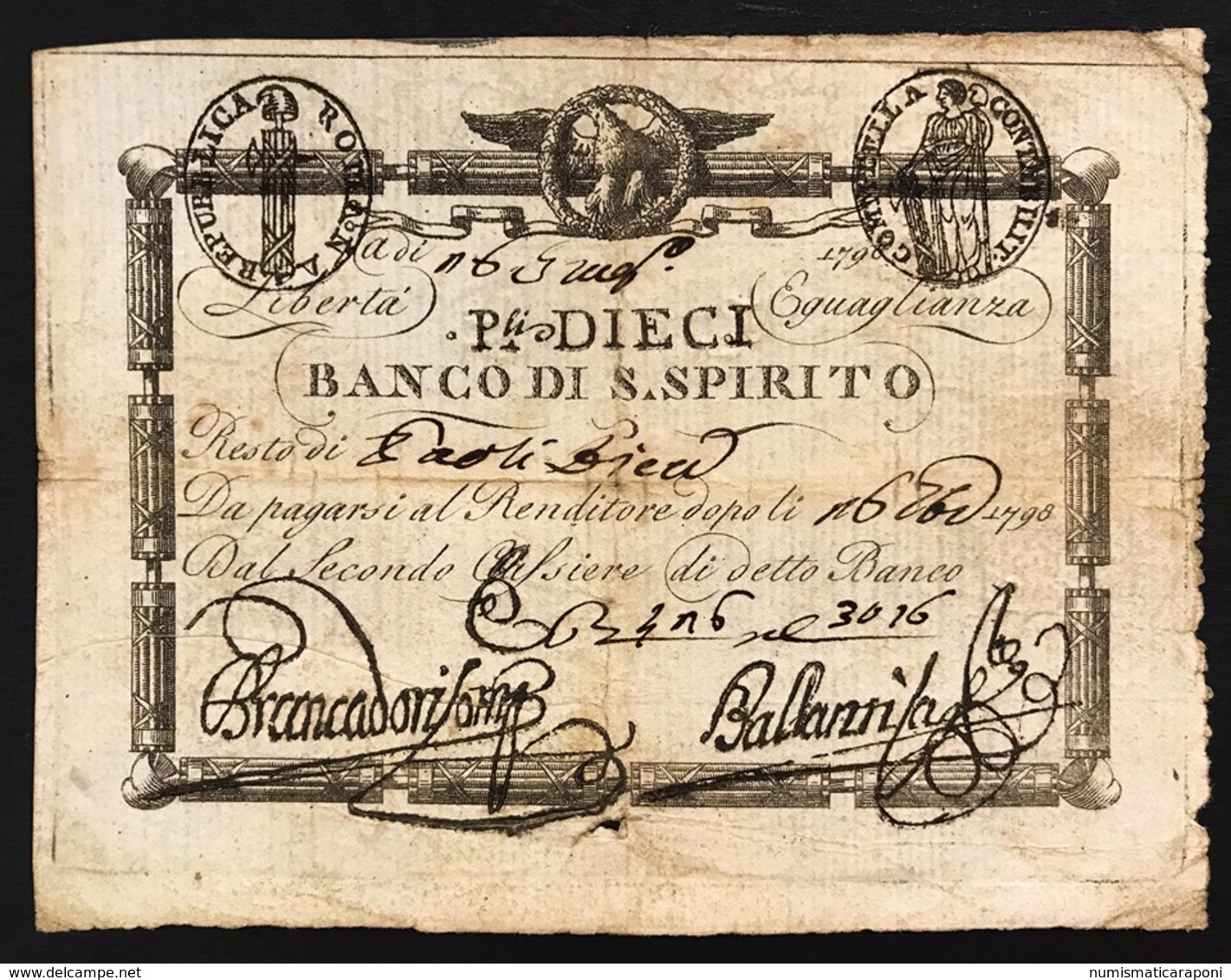 Repubblica Romana 10 Paoli  1798 Banco Di Santo Spirito N.c. Bb/spl  Fori LOTTO 2672 - Altri & Non Classificati