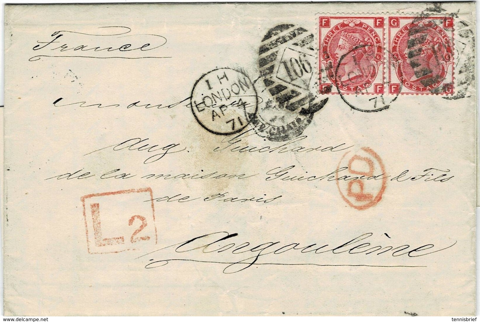 1871, Paar 3 P. , Late Fee, Nach Frankreich,  #2232 - Lettres & Documents