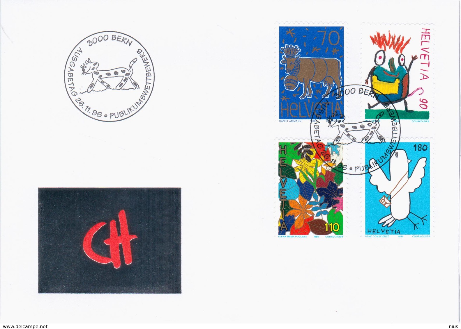 Switzerland Swiss Schweiz Svizzera Helvetia 1996 FDC Publikumswettbewerb, Cow Bird Birds Cat Cats, Bern - FDC