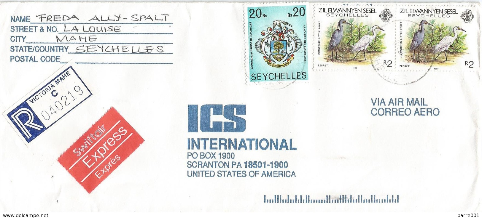 Seychelles 1995 Victoria Armory Swordfish Egret Registered Express Cover - Seychellen (1976-...)