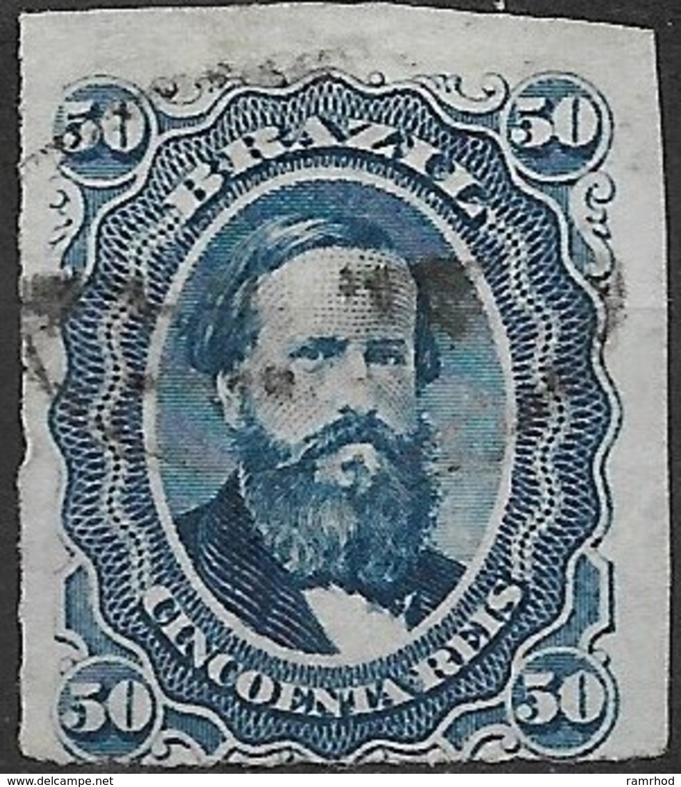 BRAZIL 1866 Emperor Dom Pedro II - 50r - Blue FU - Usados