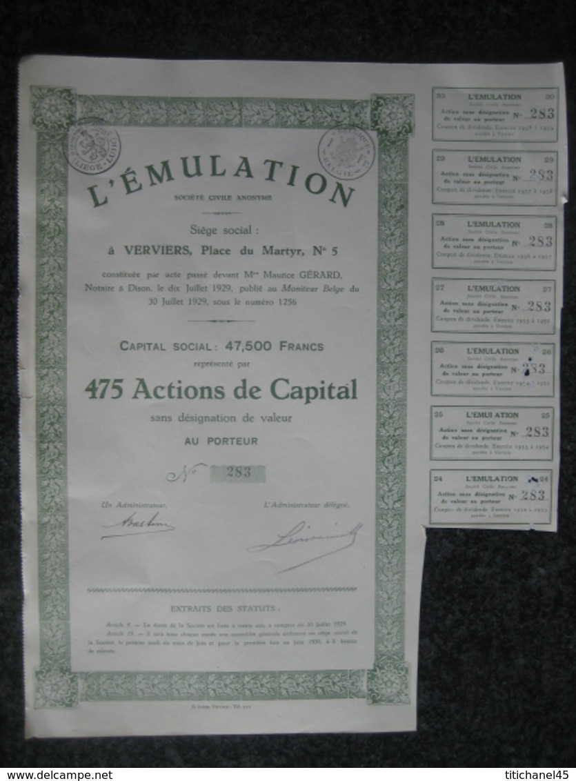 Action De Capital De 1929 VERVIERS - L'EMULATION - Autres & Non Classés